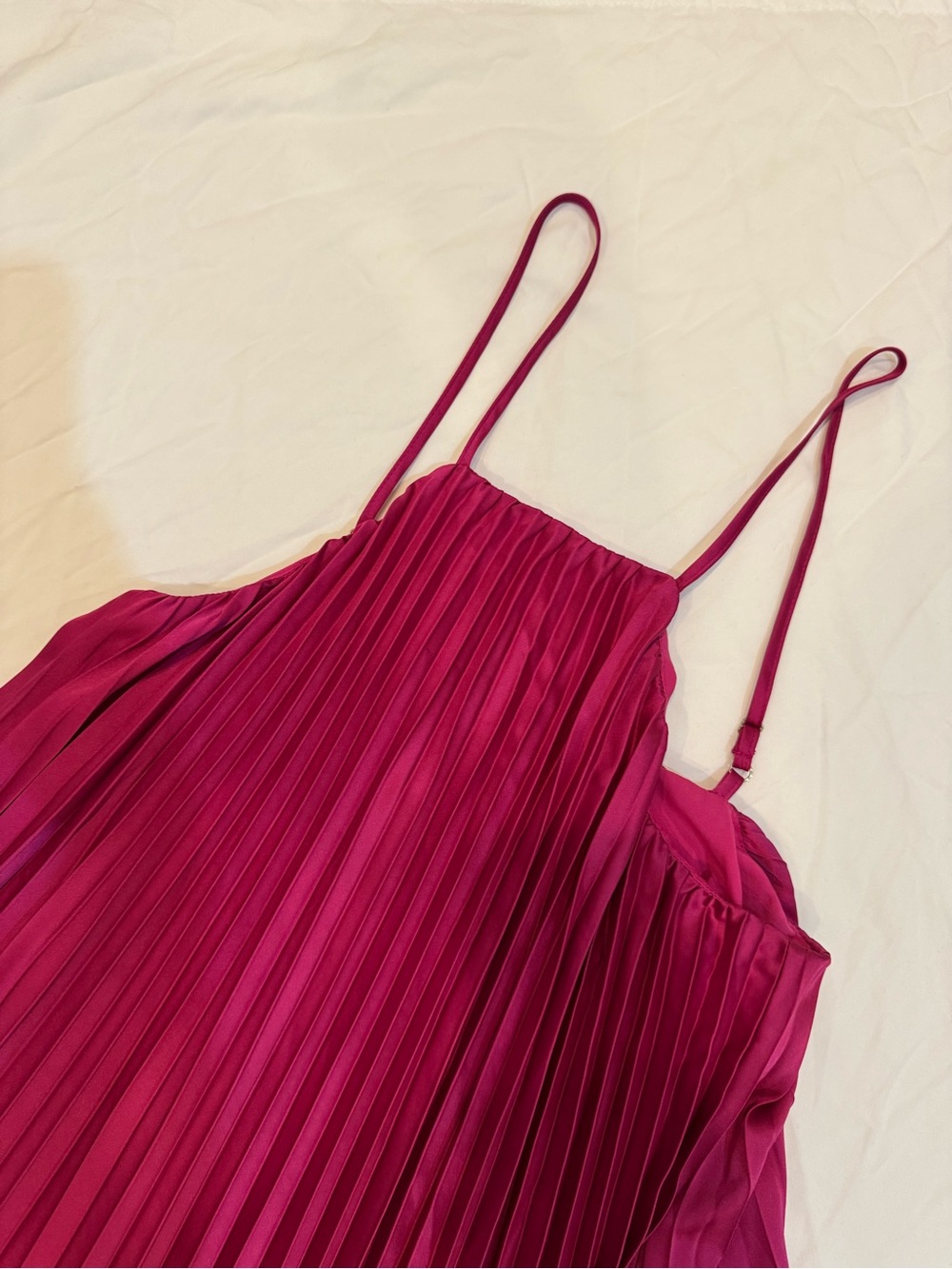 Pleated Satin Spaghetti Strap Dress in Fuchsia - Picture 2 of 3